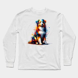 Vibrant Miniature American Shepherd in Abstract Splashes Long Sleeve T-Shirt